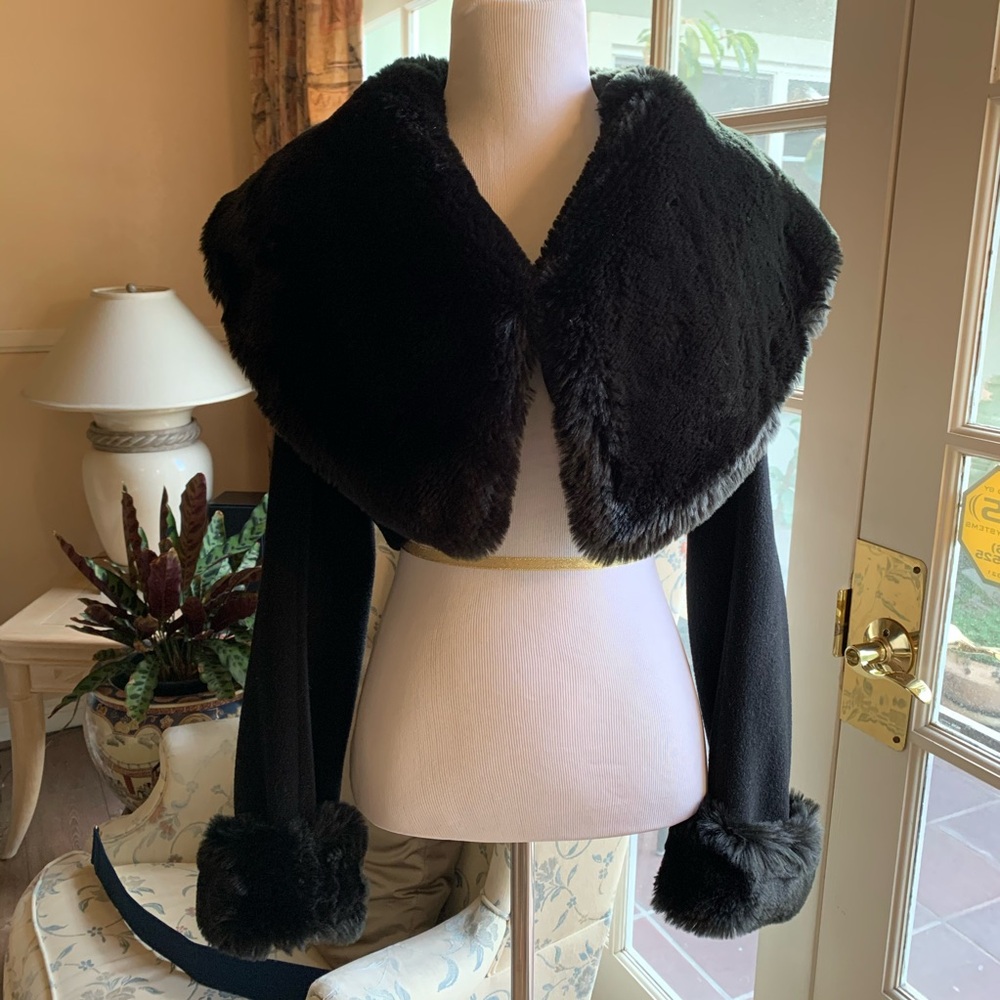 Black Jacket with Wide Collar and Faux Fur Trim